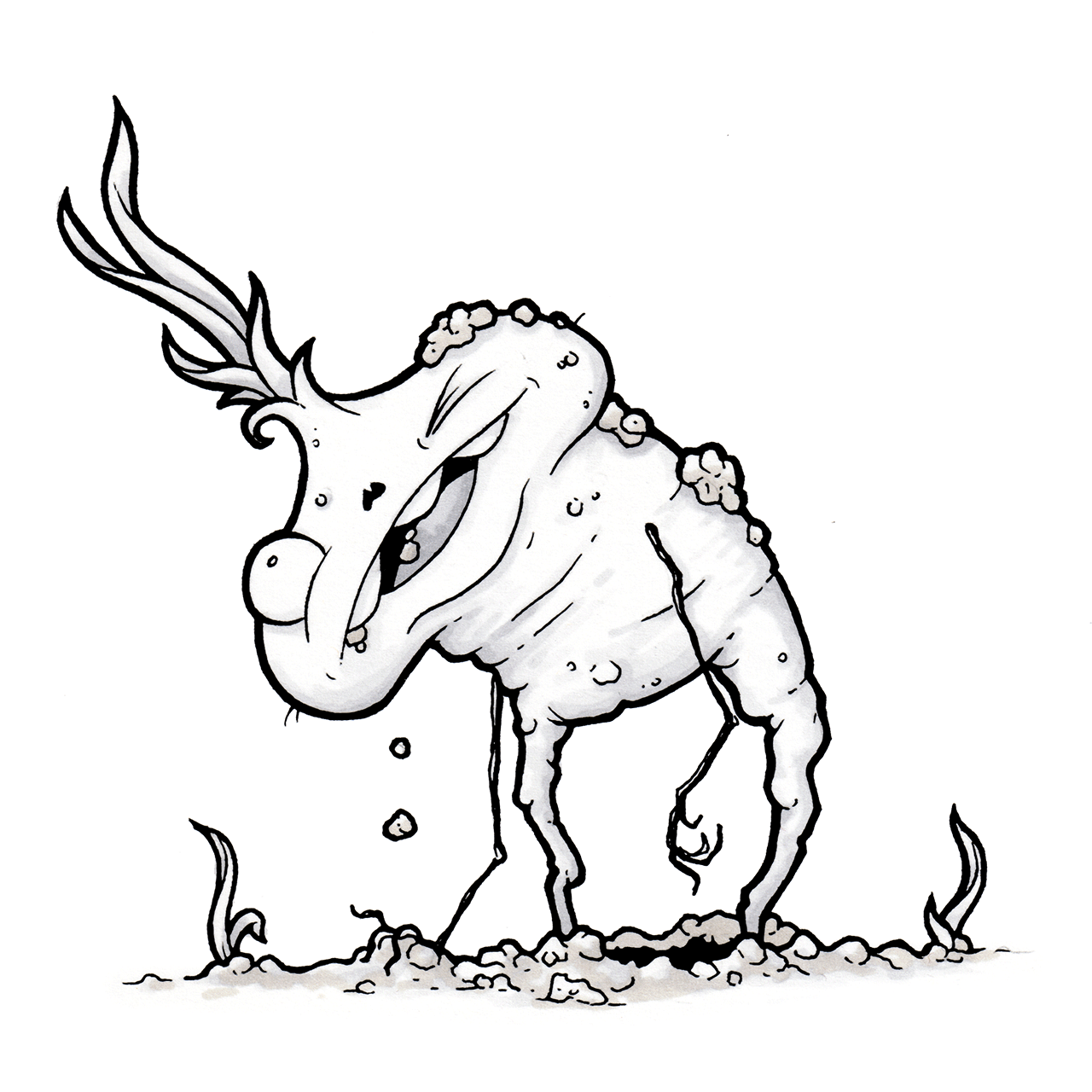 greyscale drawing of a creature with a garlic bulb-like head an tuber body, standing on dirt